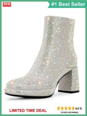 Rhinestone Chunky Block Heeled Ankle Booties Sparkly Platform Bridal